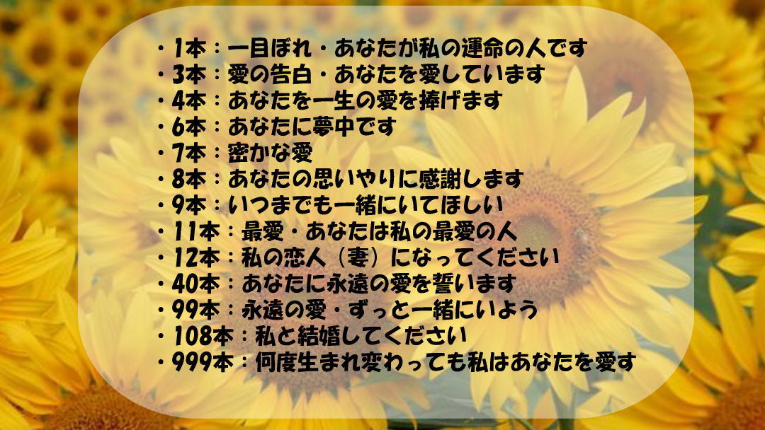 茶碗むし 向日葵 ってプレゼントする本数で 花言葉の意味が変わってくるのね 999本は色々な意味で重いな 茶碗むし 向日葵 ってプレゼントする本数で 花言葉の意味が変わってくるのね 999本は色々な意味で重いな