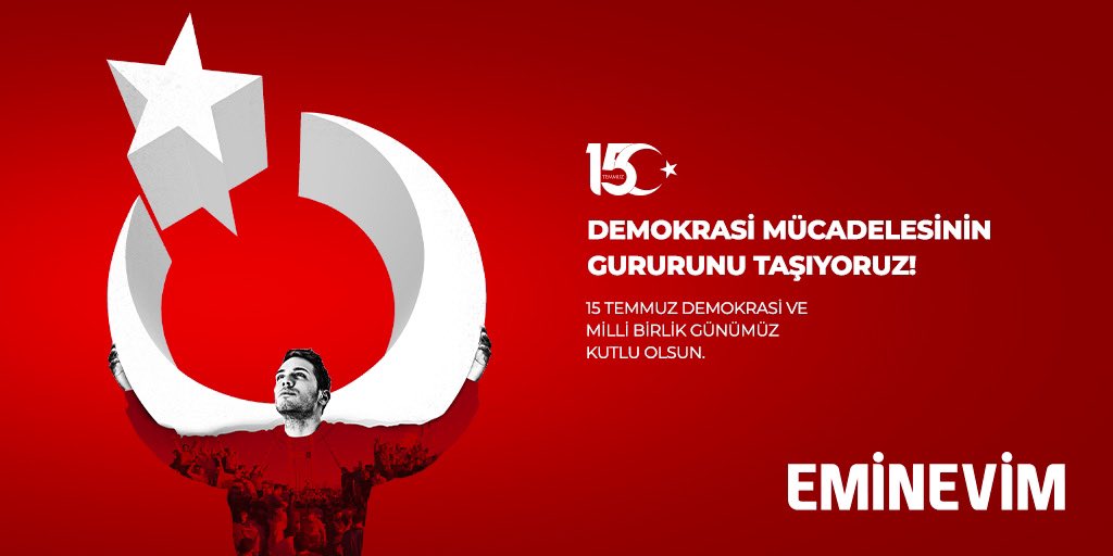 Hiçbir darbeyle sarsılmayacak vatan sevgimizle demokrasi mücadelesinin gururunu taşıyoruz! 15 Temmuz Demokrasi ve Milli Birlik Günü'nde hayatını vatanı uğruna feda eden şehitlerimizi saygıyla anıyor, gazilerimize minnetlerimizi sunuyoruz.

#Eminevim #15Temmuz