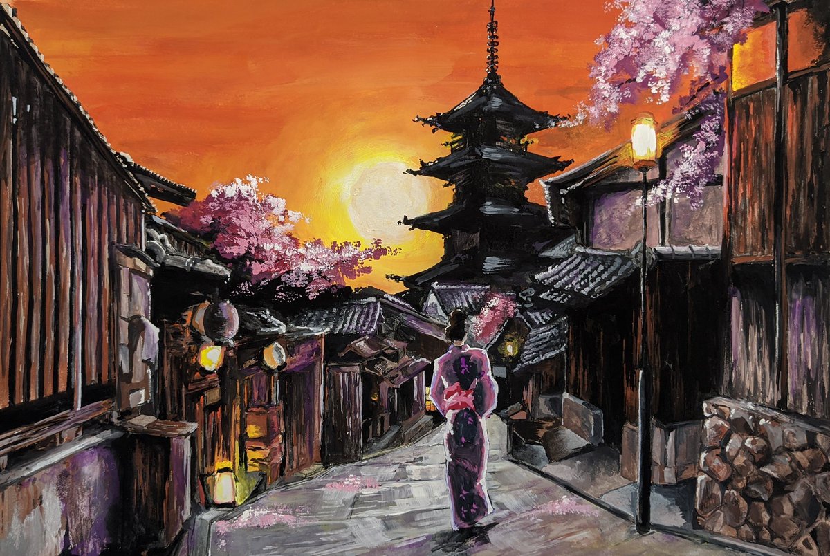 Ren 結構前に描いたやつで 京都の町並みに桜を付け足してみました イラスト好きな人と繋がりたい 絵描きさんと繋がりたい イラスト 風景
