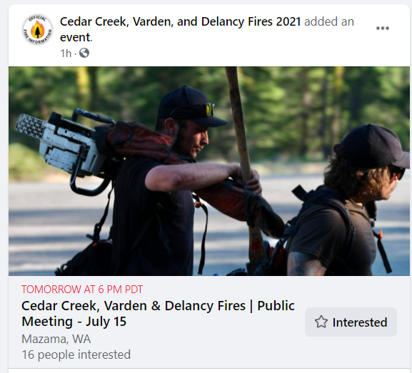 CEDRdigital's tweet photo. #CedarCreekFire #VardenFire & #DelancyFire Community Meeting
Thursday (July 15, 2021) evening at 6:00 p.m. at the Mazama Store courtyard
https://t.co/fEmtB72ZxD https://t.co/2NdlT1Ezop