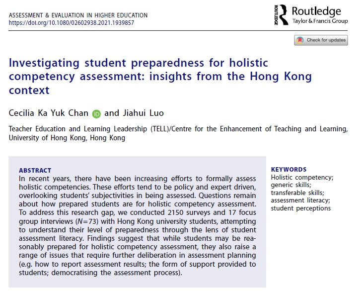 JiahuiLuo_Jess's tweet photo. Finally out🥳! In this new paper, we @CeciliaKYChan investigated student preparedness for holistic competency assessment through the lens of student assessment literacy. Free e-prints here: https://t.co/5tRX57WK3C
#genericskills #assessmentliteracy #softskills https://t.co/p8hzbyAoF3