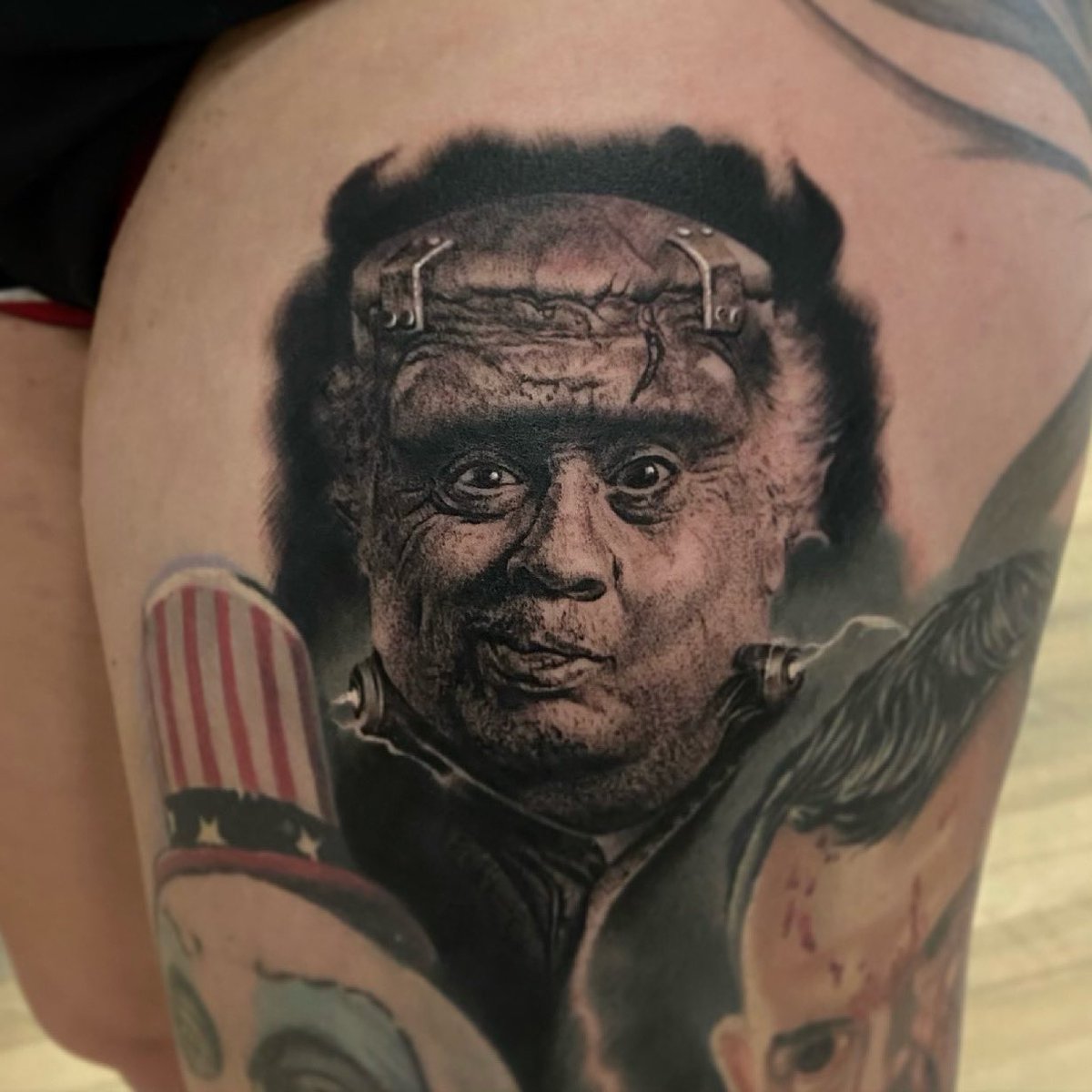 PanicTesla's tweet photo. @alwayssunny do some Frank tattoos for Frank week 🙌 I give you the party animal himself FRANKenstein https://t.co/e52N3yrpwp