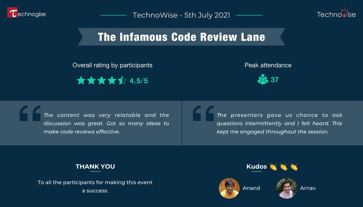 Kudos Arnav Limaye &amp; <a href="/anand_agrawal/">Anand Agrawal</a>👏👏
Excellent reviews for your #TechnoWise on the infamous Code Review lane🙂
Participants loved the insights into how to make #pairprogramming more effective
Video coming soon!
#Appreciation #ThankYou #Meetup #CodeReview #Agile #XP #Technogise