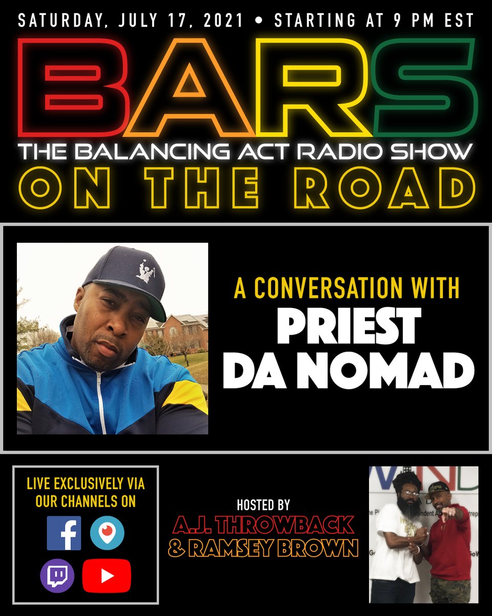 Please tune in Saturday @ 9 PM EST for #BARS #OnTheRoad #VirtualEdition w/ <a href="/AJThrowback/">A.J. Throwback</a> x <a href="/PHAR110/">Ramsey Brown</a> x special return guest @priestdn via #FacebookLive x #Periscope x #twitchtv x #YouTubeLive 🔥🔥🔥🔥🔥!!! #TeamBARS❤️🧡💛💚 #DMV #HipHopMusic #pioneer #OutDaHouse
