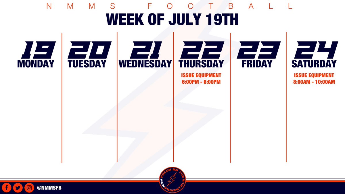 Next weeks schedule ✔️ 
We will be issuing football equipment next Thursday and Saturday! If you plan on playing football in the fall, we look forward to seeing you there. ⚡️
