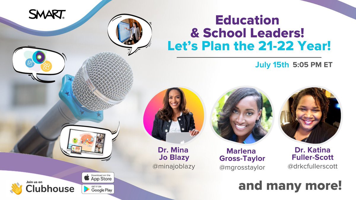 Are you an educator or school leader ready to plan the 21-22 school year?

Join our Clubhouse room sponsored by <a href="/SMART_Tech/">SMART Technologies</a> tomorrow! Awesome Mods eager to share strategies! 7/15/21 4:05 PT/5:05 ET 
clubhouse.com/event/MRDLe4vz

DM if you need a CH invite! #WeAreSMART #edchat #edtech