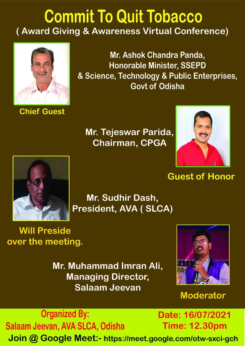 JeevanSalaam's tweet photo. Salaam Jeevan &amp; AVA SLCA, Odisha conducting virtual awareness cum award giving programme. Many thanks to 
@Ashokpandabbsr Sir &amp; @TejeswarParida Ji to accept our invitation. Winners of WNTD, 2021 will b honored. It will be moderated by @warriorimran &amp; presided by Sudhir Dash sir https://t.co/4ALfXc10VS
