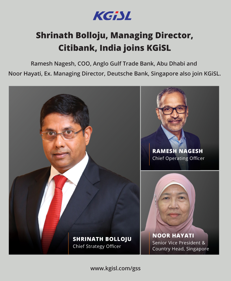 #KGISLGSS welcomes Shrinath Bolloju as Chief Strategy Officer, Ramesh Nagesh as Chief Operating Officer &amp; Noor Hayati as Senior Vice President &amp; Country Head, Singapore to the leadership team. 
Read the press release: kgisl.com/.../shrinath-b…
#citibank #agtb #deutschebank #KGISL