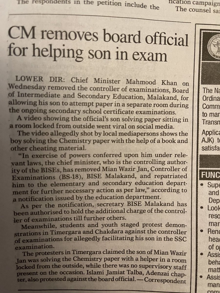 Shafqat_Mahmood's tweet photo. Quick and decisive action by CM KP against official helping his son to cheat in exams. Such disgraceful behaviour will not be tolerated https://t.co/djBOYyPXDv