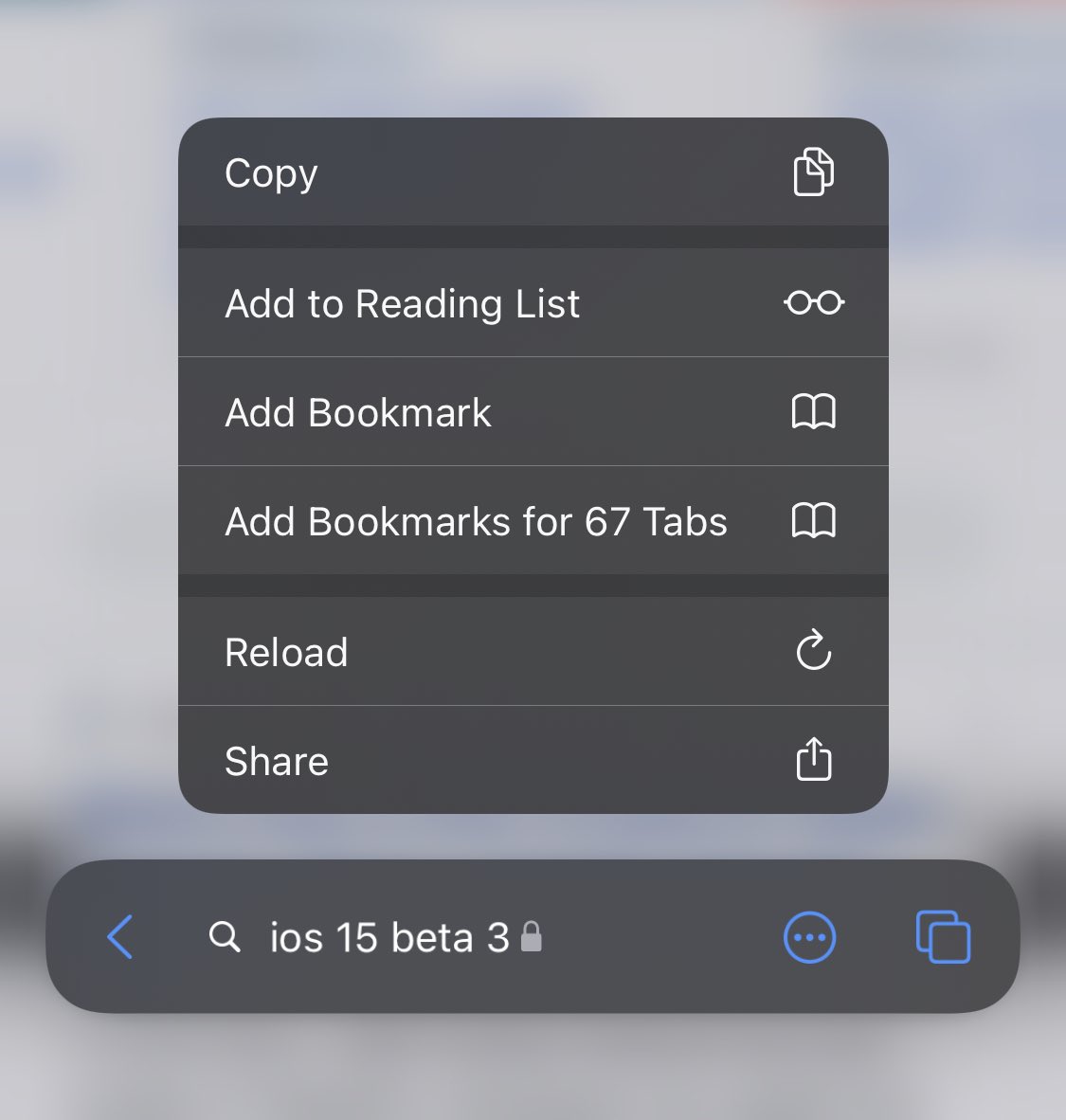 simey's tweet image. I just realized this design separating the different groups of menu items is deliberate. I’ve been assuming all day it was a bug. It looks awful. #iOS15beta3