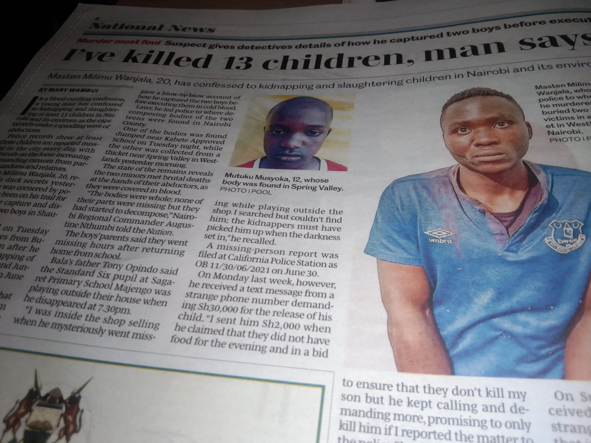 Wairimu&#39;s Daughter on Twitter: &quot;Masten Milimu Wanjala , 20 has confessed to kidnapping and slaughtering children in Nairobi and it&#39;s environs ...some are linking this to witchcraft..... #Brekko. Mtaani how do we