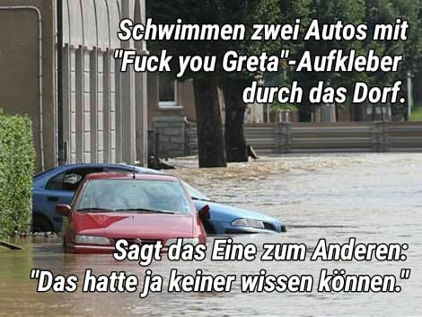 Meme: Zwei Autos schwimmen in einer überfluteten Straße, das Wasser reicht bis kurz unter die Scheinwerfer.

Text: Schwimmen zwei Autos mit Fuck you Greta Aufkleber durch das Dorf.

Sagt das eine zum anderen: Das hatte ja keiner wissen können.
