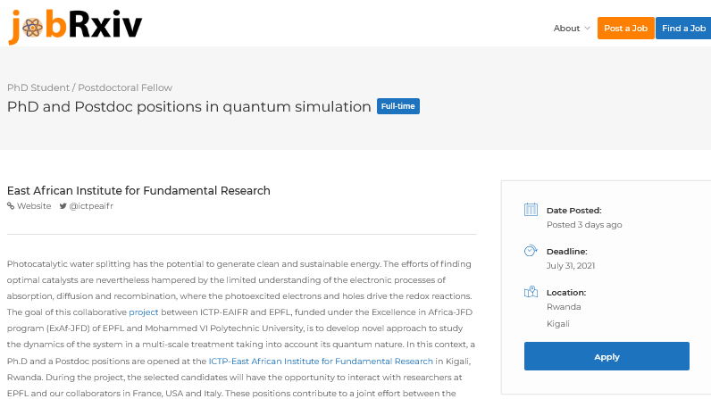 ChemPostdocBot's tweet photo. RT @jobRxiv: PhD and Postdoc positions in quantum simulation
East African Institute for Fundamental Research (@ictpeaifr), Kigali, Rwanda
https://t.co/IlkylKmEQz
#ScienceJobs #chempostdoc #physpostdoc #compphys #compchem #ExcellenceinAfrica https://t.co/q0F6QKVO1W