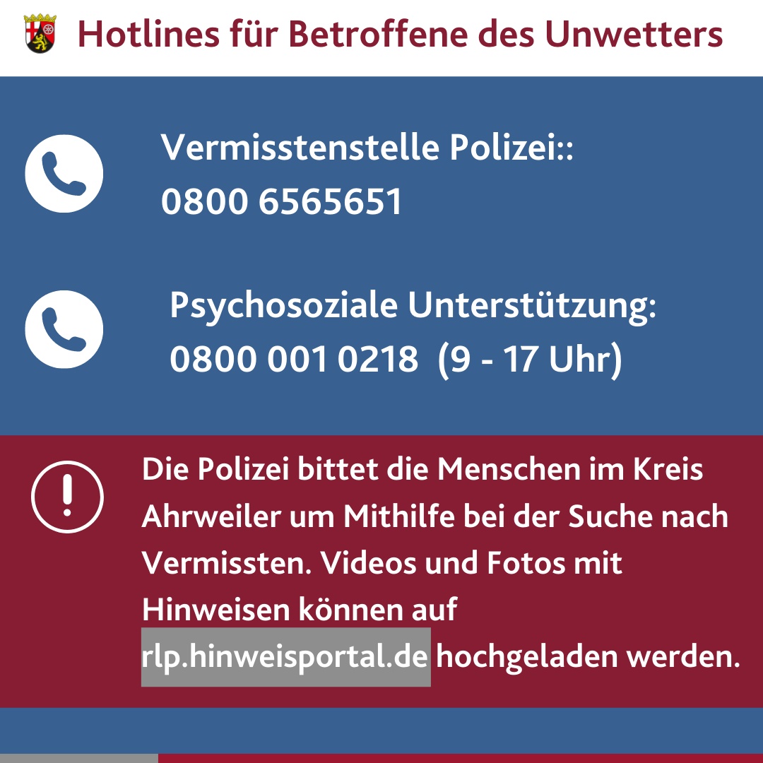 ❗ Bitte Retweeten &amp; weitersagen❗
Betroffene der #Hochwasser-Katastrophe erhalten Auskunft &amp; Unterstützung:
👉 Polizeipräsidium Koblenz für Angehörige, die jemanden vermissen: 0800 6 56 56 51
🖥️Hinweise: rlp.hinweisportal.de
👉 Psychosoziale Unterstützung: 0800 001 0218