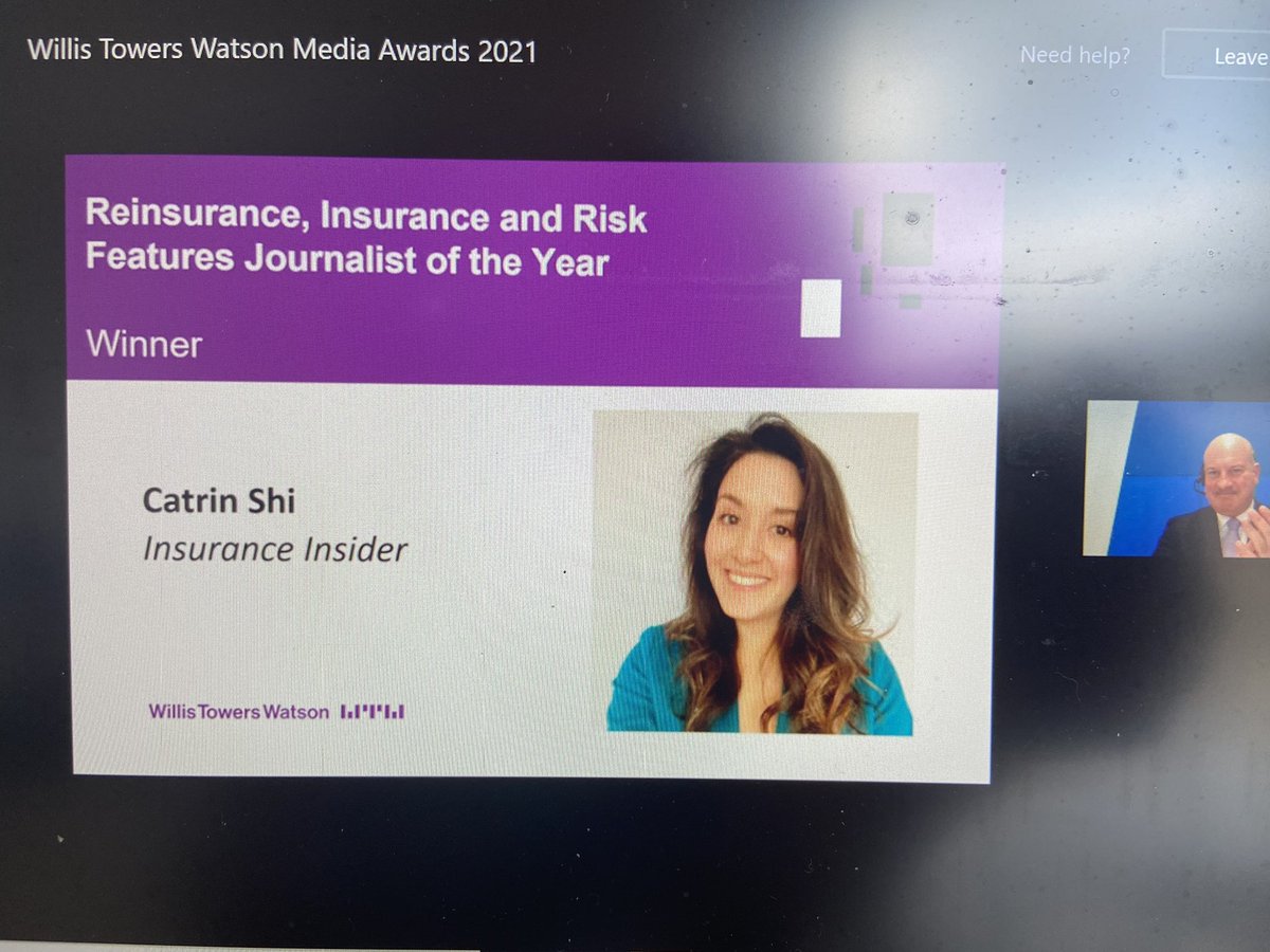 THANK YOU @WTWrisk judges for naming me Risk &amp; (Re)insurance features journo of the year at your 2021 media awards!

An honour when so much great competition out there. What’s even better is that all the winners and highly Comms in our category were women 💪🏼

Congrats to all x