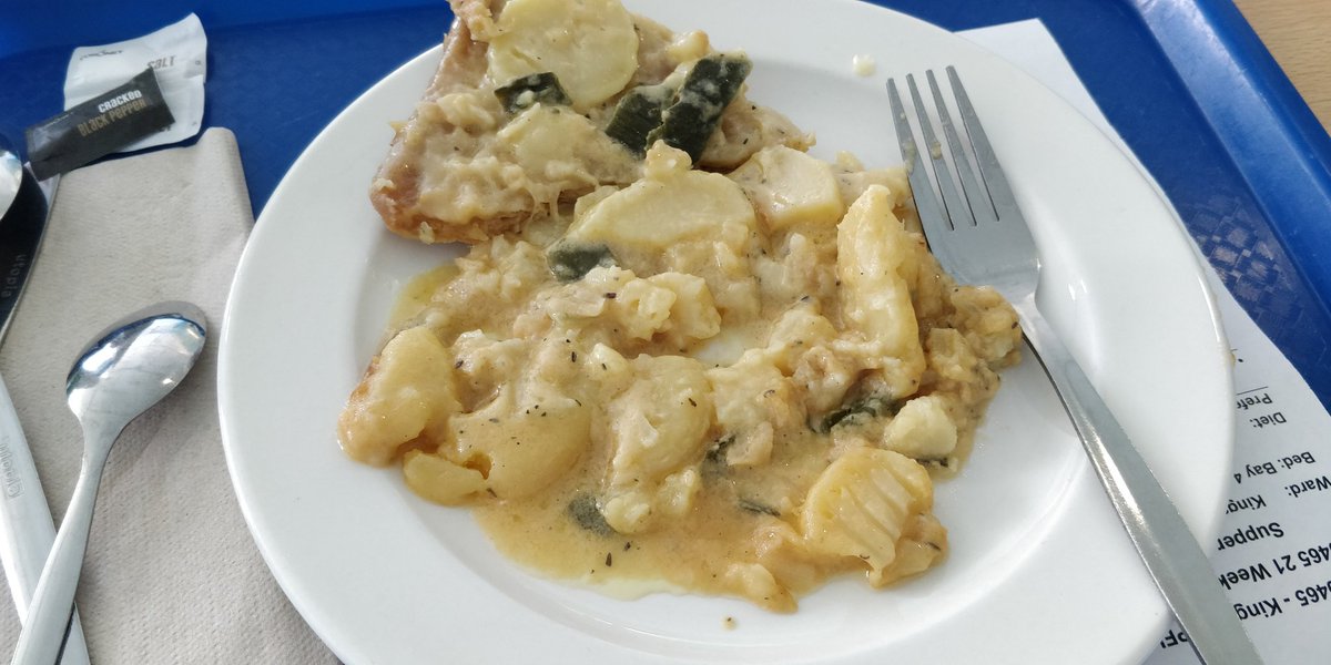 KatHarborne's tweet photo. @dollytheis @food_strategy @NHSuk @HenryDimbleby @TamsinCCooper I have been in hospital recently. Please can the concept of "food is medicine" be extended to hospital food. This is a potato pie from hospital.  It smelt so bad it made me feel sick. The vegetables here look radioactive as they are unnatural colours. https://t.co/GMZa6nWAJQ