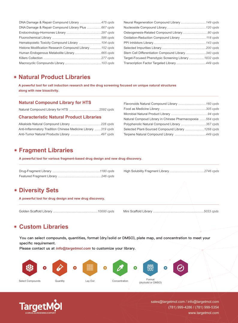 #inhibitor #drugdiscovery Here is our latest compound libraries catalog. Please find whatever you need. *All products are for Research Use Only · Not for Human or Veterinary or Therapeutic Use. #Smallmolecules Visit our website for further information：targetmol.com