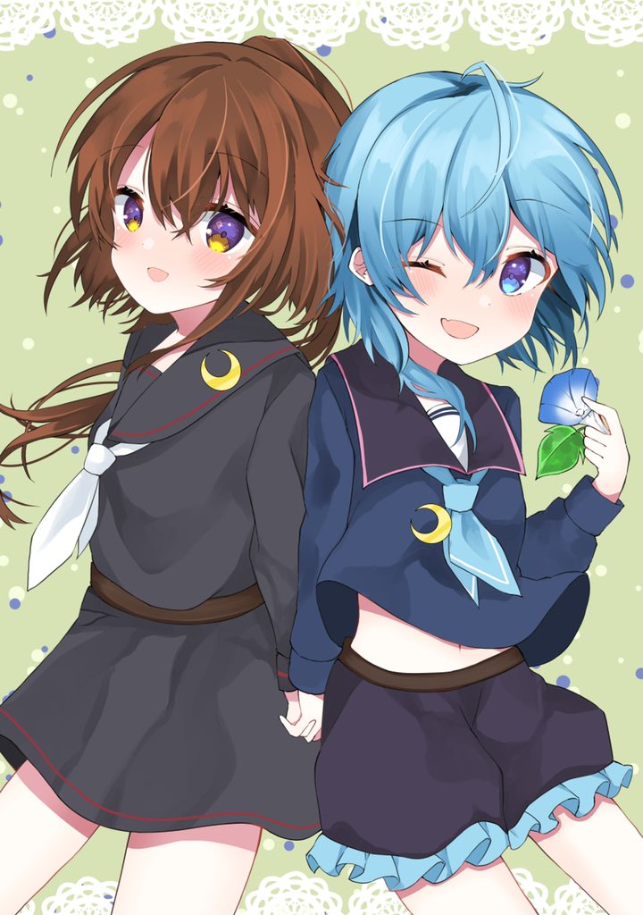 fumizuki (kancolle) multiple girls 2girls school uniform crescent pin serafuku brown hair crescent  illustration images