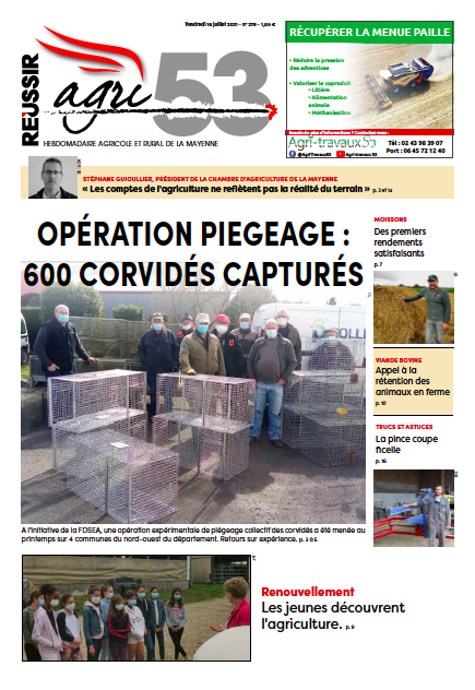 Agri_53's tweet photo. À retrouver dans votre journal 📬🗞️
l'opération expérimentale de #piégeage de #corvidés avec la @fdsea53 dans le canton de #Landivy, le début des #moissons pour l'#orge, l'appel à la #rétention des #bovins @EleveursBovins @FRSEA_PDL ... https://t.co/pTdvNqDpBr