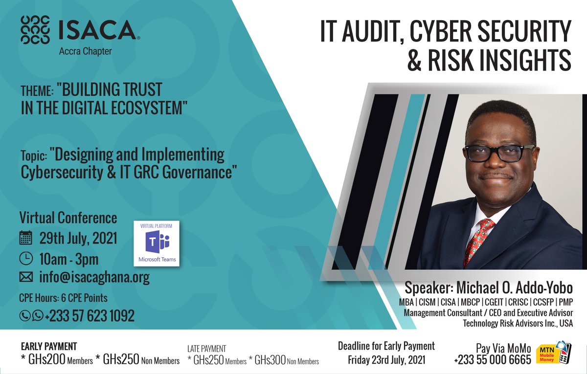 205Accra's tweet photo. Speaker Profiles on the 29th of July 2021 and their various areas of expertise in cybersecurity.
Still haven't registered? Please register here;
https://t.co/yZpCzYFacl
#cybersecurity #security #governance #datasecurity #informationsecurity #grc #risk #itgrc #conference #isaca https://t.co/64cHX7bct4