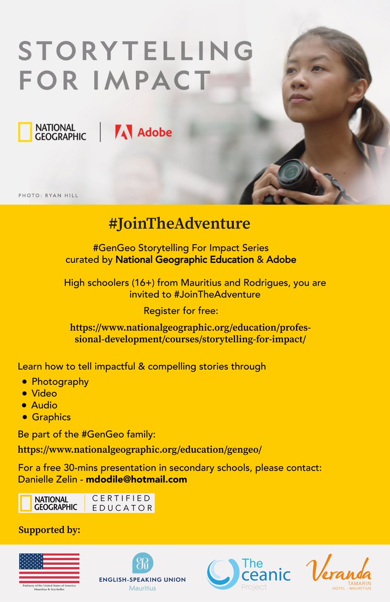 LSKlearning's tweet photo. World Youth Skills Day, July 15; happy to start empowering secondary school students in Mauritius and Rodrigues into the #GenGeo Storytelling for Impact Series curated by @NatGeoEducation &amp; @Adobe #explorermindset #studentexplorer💛💛🇲🇺 https://t.co/v8BopUTyPF