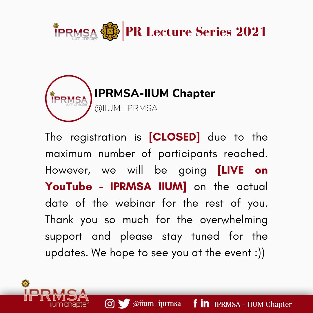 IIUM_IPRMSA's tweet photo. [REGISTRATION IS NOW CLOSED]

Thank you for applying to our PR Lecture Series: PR Readiness in facing a Volatile, Uncertain, Complex and Ambiguous (VUCA).

We will also stream live in YouTube. Kindly stay tuned on our social media for the update of the YouTube link. https://t.co/vqKVO6louQ