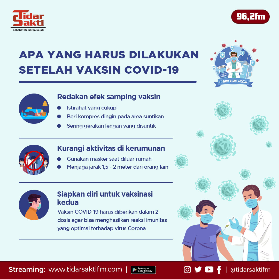 Ini nih tips sederhana yang bisa sahabat terapkan ketika baru selesai vaksin. Yang perlu diingat kalau sudah vaksin bukan berarti sahabat sepenuhnya kebal terhadap virus yah, tetap patuhi protokol kesehatan yang sudah ditetapkan.