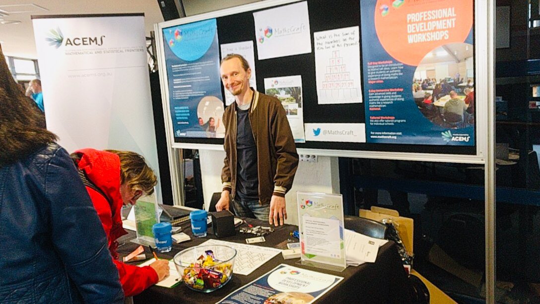 MathsCraft_'s tweet photo. Day one of the #MASA2021 teachers annual conference underway and our resident Mathematician @JuggleAnt Dr Anthony Mays has been busy meeting, greeting and showcasing our programs to teachers - it’s all about doing maths like a research mathematician ! #mathematics https://t.co/8sYHyijOnh