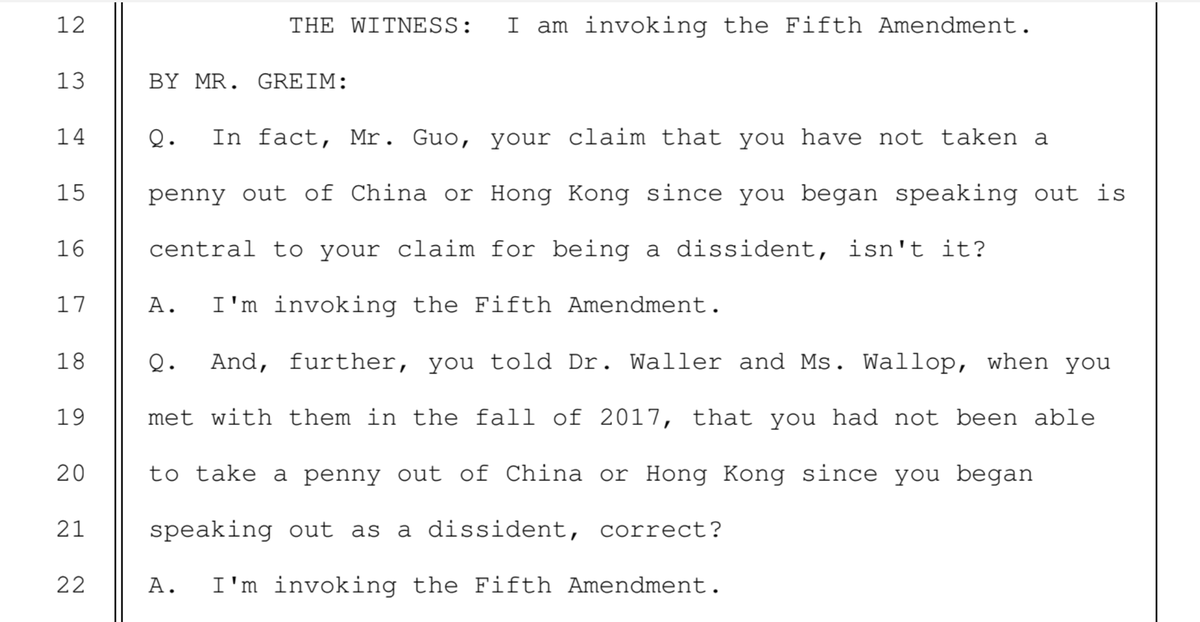 8) In the Strategic Vision trial, #GETTR founder Miles Guo Wengui would not tell the court whether he was getting money from Communist China. Twice he pled the Fifth Amendment against self-incrimination to avoid answering.