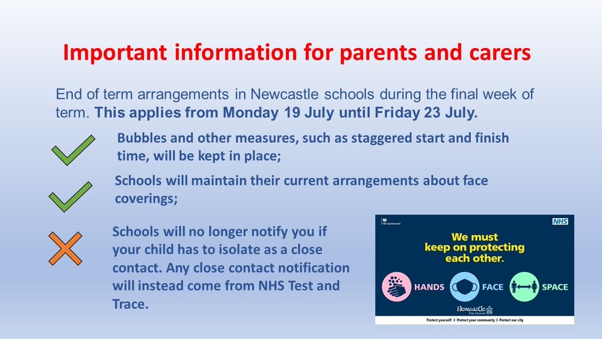 Newcastle schools will keep current systems, like bubbles and staggered start and finish times, in place for the last week of term (July 19 – 23). This is to keep everyone safe and reduce the risk of illness, isolation and disruption during the holidays. orlo.uk/HeAfZ