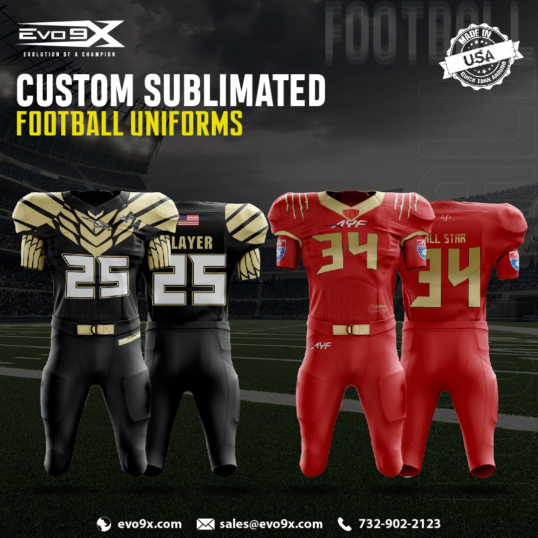 Custom Sublimated Football Uniforms - 4 way stretch mesh material - High end Sublimated Printing Technology - Self-material armholes and neckline Contact: sales@evo9x.com or Call Now: +1 732-902-2123 𝐋𝐞𝐚𝐫𝐧 𝐌𝐨𝐫𝐞 >> hubs.ly/H0Slnn20 #Evo9x #FootballUniforms #USA