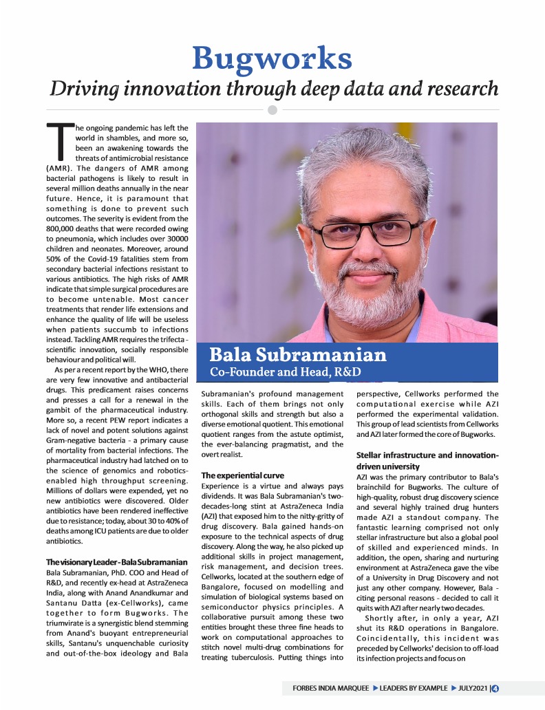 CCAMP_India's tweet image. CCAMP is very proud to share that Dr Bala Subramanian, Co-Founder &amp;amp; Head, R&amp;amp;D #Bugworks has been selected as a #LeaderByExample in #ForbesIndia Marquee edition.
A well-deserved and fitting honour! Congratulations
@CARB_X @gardp_amr @Wellcome_AMR @BIRAC_2012 @DBTIndia @Taslimarif