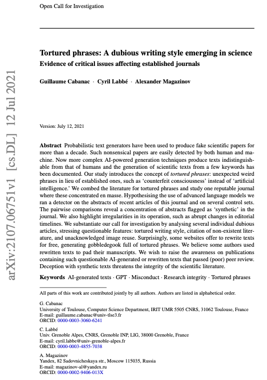 gcabanac's tweet image. Just out @arxiv: “Tortured phrases: A dubious writing style emerging in science. Evidence of critical issues affecting established journals” w/ Labbé &amp;amp; Magazinov arxiv.org/abs/2107.06751 Probable systematic manipulation of the publication process of Microprocessors in Microsystems