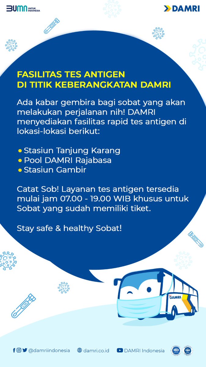DamriIndonesia's tweet photo. 📢Sekarang Tes Antigen bisa langsung dari titik keberangkatan DAMRI???🤔

Yup, betul banget Sob! Lebih praktis karena sekarang bisa Tes Antigen langsung dari titik keberangkatan. Simak info berikut ya! 

#BusDAMRI #syaratperjalanan #NaikDAMRIAja #AyoNaikDAMRI #TakesYouEverywhere https://t.co/BB5P9mp28T