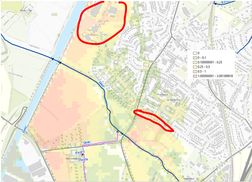 De verwachting is dat er hoger water aankomt in Bunde. Verplaats uw auto naar een veilige plek en zet deze op de handrem, verplaats spullen naar een hogere verdieping. Zie onderstaande afbeelding voor de prognose van de gebieden die het meeste risico lopen.