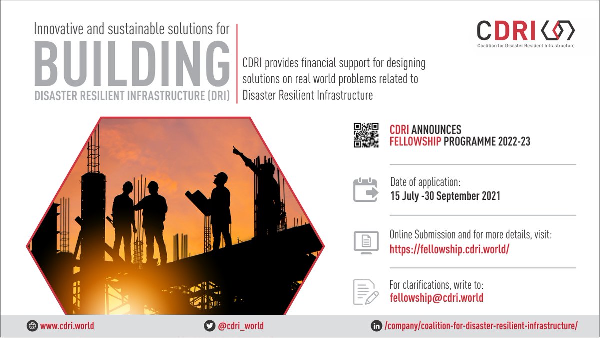 We're pleased to announce that CDRI Fellowship Programme application portal is now open. CDRI will offer a fellowship amount of up to US$15,000 for compelling research proposals showcasing innovative #resilientinfra solutions to real-world problems. Apply: fellowship.cdri.world/index.php