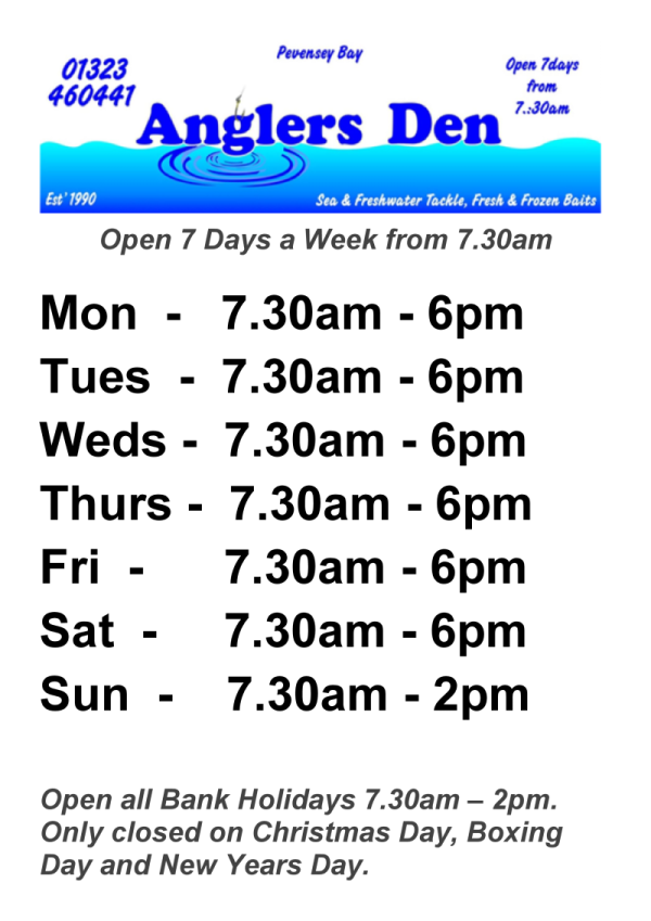 🎣OPEN 7 DAYS A WEEK FROM 7.30am🎣
Anglers Den Sussex is situated in Pevensey Bay, on the Sussex Coast,  a few minutes drive from Eastbourne's Sovereign Harbour, with it's fleet of charter boats, and near to Bexhill and Hailsham. Situated next to a large free car park.
