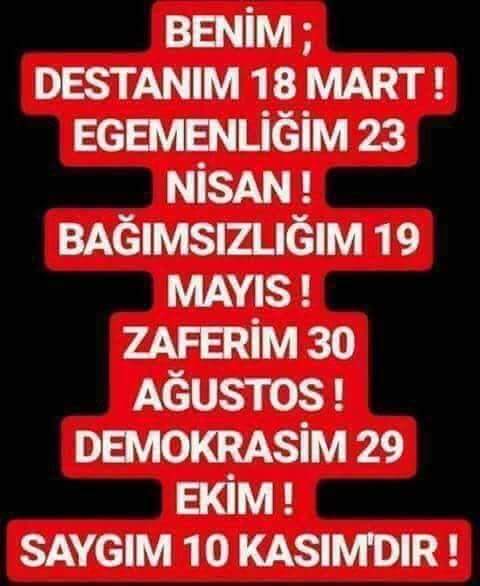 ...YÜCE TÜRK ULUSU 
GEÇMİŞ OLSUN;

Kendi siyasi çıkarların uğruna DEVLETİN tüm kademelerinin PEŞKEŞ çekilmesinin
DESTANI ve BAYRAMI OLmaz OLamaz.

O gece vatanı için hayatını feda eden asker, polis ve halk için 
YÜREKLERDEKİ BAYRAK YARIYA İNDİRİLİR...

YA İSTİKAL YA ÖLÜM