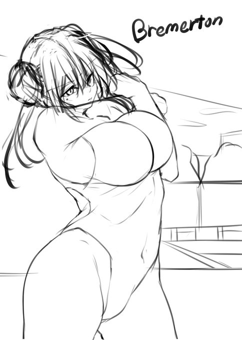 ブレマートン構図修正案 シチュはそのままにより自然で無防備な仕草となるようにしました あと髪型もお団子の方に#アズレン競泳水着部 