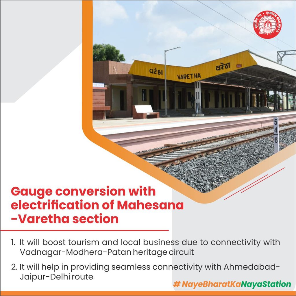 Gauge Conversion with electrification of Mahesana- Varetha section: It will boost tourism and local business due to connectivity with Vadnagar-Modhera-Patan heritage circuit. #NayeBharatKaNayaStation