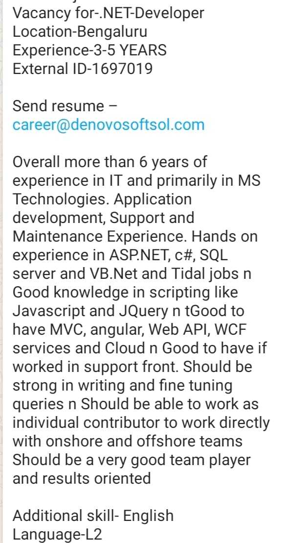 denovosoftsol's tweet photo. #denovojobs #denovo
Vacancy for-.NET-Developer
Location-Bengaluru
Experience-3-5 YEARS
External ID-1697019
Send resume – career@denovosoftsol.com
#aspdotnet #aspnet #dotnet #dotnetdeveloper #javascript #java #JQuery #appdevelopment #itjobs #MStechnology #angular #webapi https://t.co/PsCaehIsz5