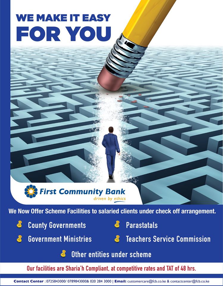 premierbank_ke's tweet photo. We make it easy for you! FCB now offers Scheme facilities to salaried clients under check off arrangement at competitive rates and a turn around time of of just 48hrs. Talk to us today #FCBCares #FCBforAll https://t.co/4GcrXeidYx
