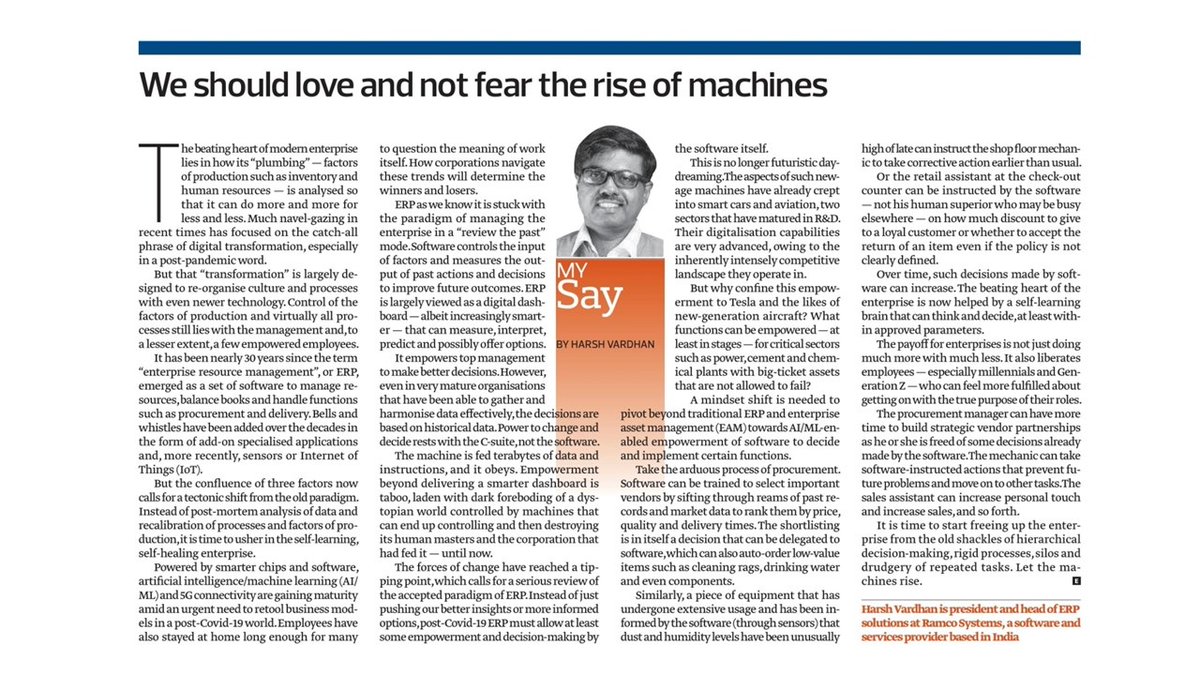RamcoSystems's tweet image. Our Head of #ERP, @harshramco, argues for a rethink of ERP. In this article on @theedgemalaysia, he shares how organizations can leverage #AI #ML enabled ERP systems to break the operational paradoxes of the past and move to automated decisions. Read now: hubs.ly/H0Slqx00