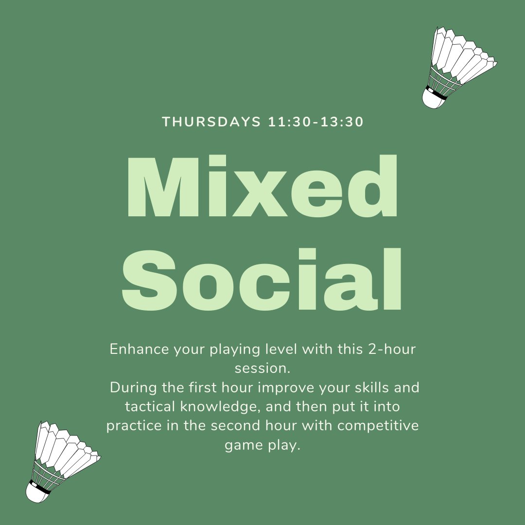 Join us today at 11:30 for mixed social 1 hour coaching followed by 1 hour game play. Book your space at wensumsports.com/bookings or call us on 01603 568823