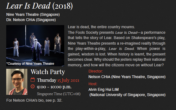 WSC_2021's tweet photo. The last three of the #WSC_2021 watch parties, led by Nelson CHIA (Lear Is Dead, 15 July), TANG Shu-wing (The Tragedy of Macbeth, 16 July), and YANG Jung-Ung (Pericles, 17 July), 9:00 p.m. Singapore Time (UTC+08).  Last chance to register at https://t.co/mRxYEFWf5N. https://t.co/2V9bs3R3qy