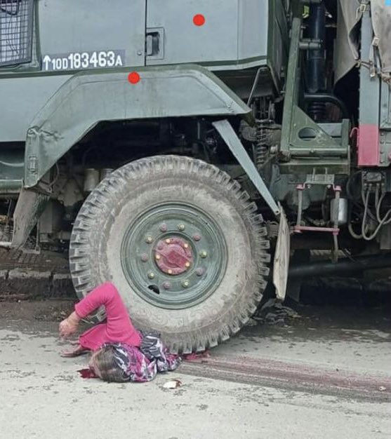 Ibrahimshahid0's tweet photo. Very sad news today in Indian occupied Kashmir elderly woman was mowed down by Army Vehicle it shows that what kind of value Kashmiri have. For Indian army Kashmir is a Battlefield nothing else and World knowing this all and they're silence it's sad and disgusting. https://t.co/aYgEcVeEo9