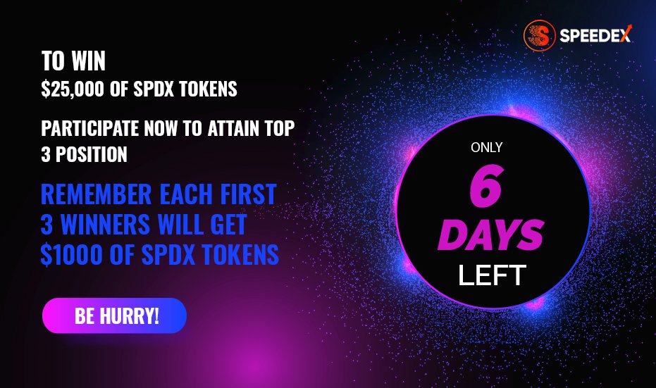 Participate and perform in our bounty program to win future potential token SPDX worth $25,000. To participate, please visit gleam.io/competitions/c…

#speedex #speedexbounty #bountyprogram #cryptocurrency 

#win #rewards #participatenow #register