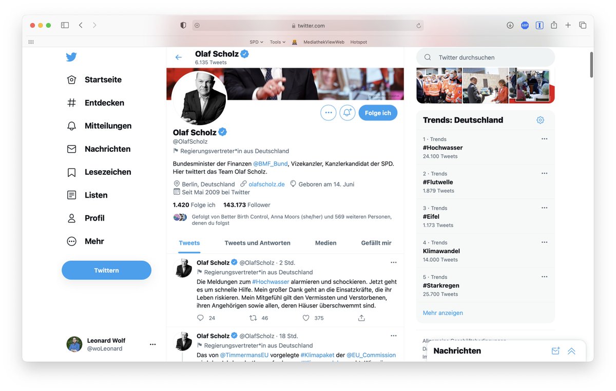 Der Screenshot zeigt das Twitter Profil von Olaf Schulz. Letzter Tweet vor 2 Stunden zu den Meldungen des Hochwassers.