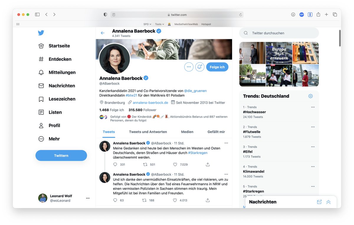 Der Screenshot zeigt das Twitter Profil von Annalena Baerbock. Letzte Tweets vor 11 Stunden zum Hochwasser.