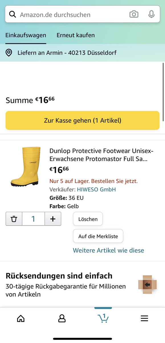Amazon-Warenkorb mit gelben Gummistiefeln und Rückgabegarantie